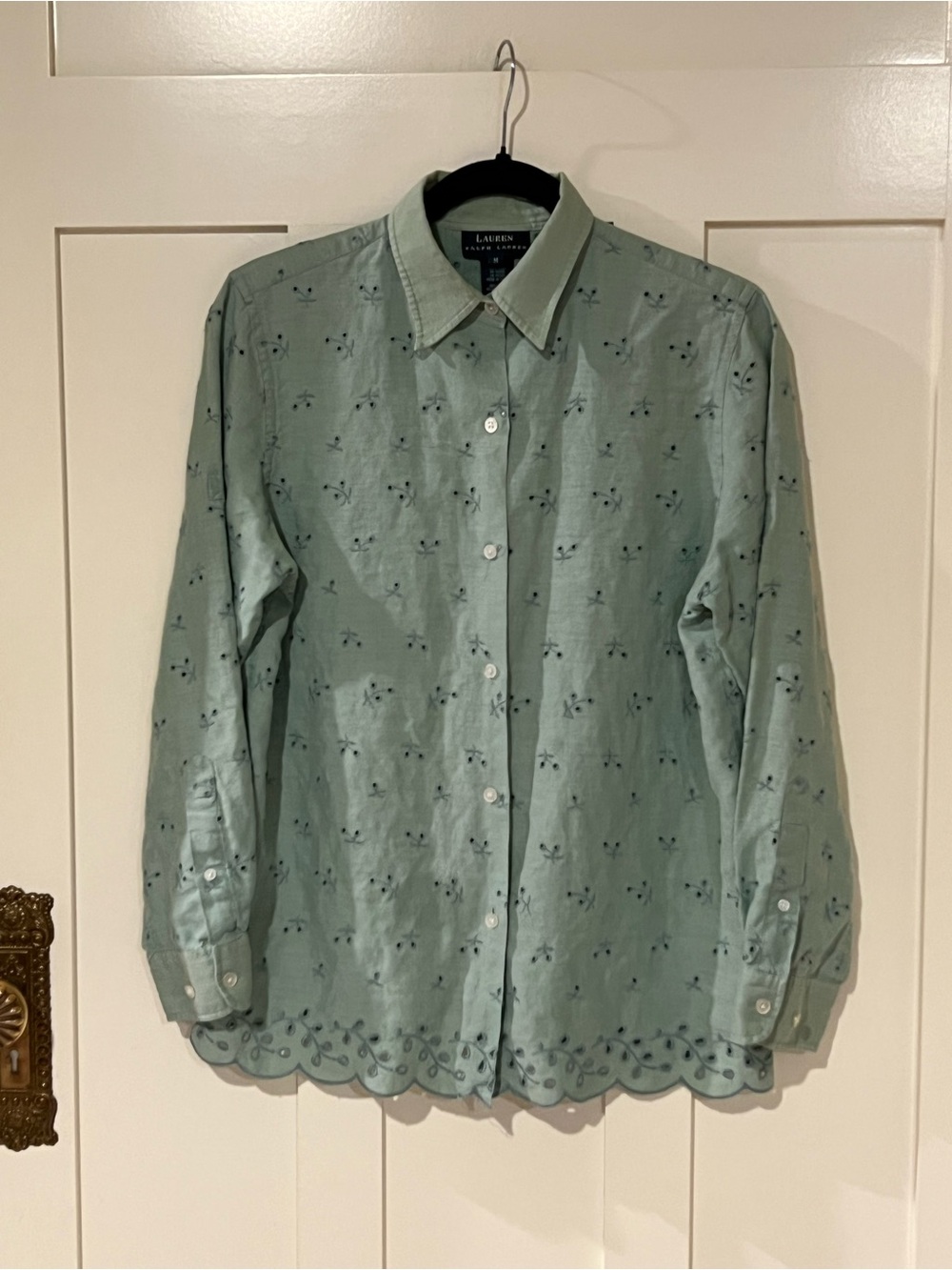 Lauren Ralph Lauren Mint Green 100% Linen Eyelet Embroidered Blouse Medium